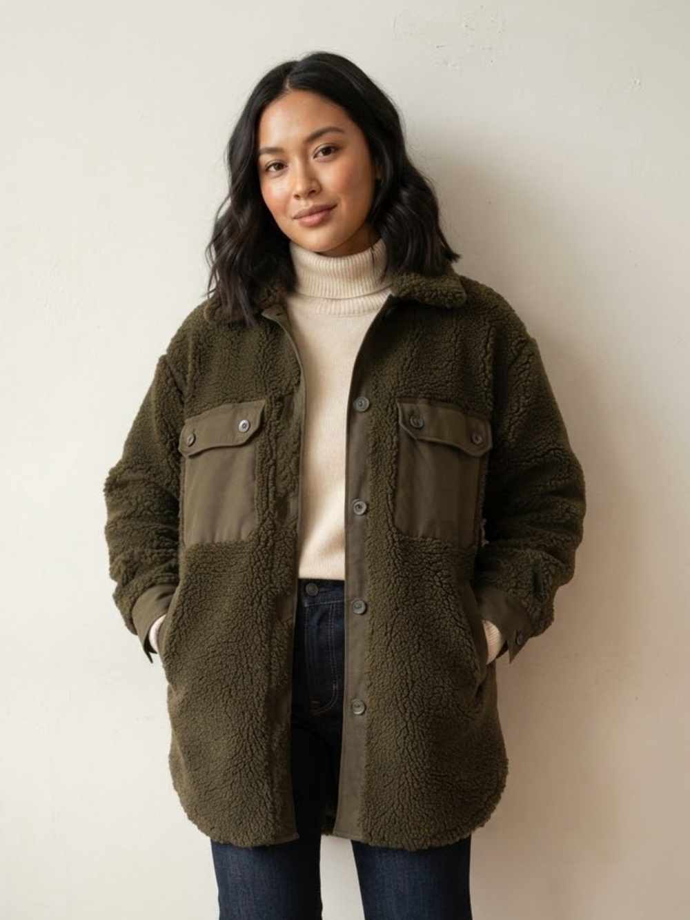 Zara Sz M Oversized Forest Green Teddy Relaxed Button Front Shacket Jacket